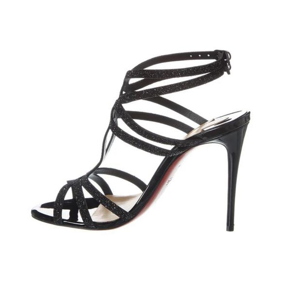 Christian Louboutin NIB Renee Glitter 100 Black Ankle Strap Heels Sandals 39.5 - Picture 2 of 7